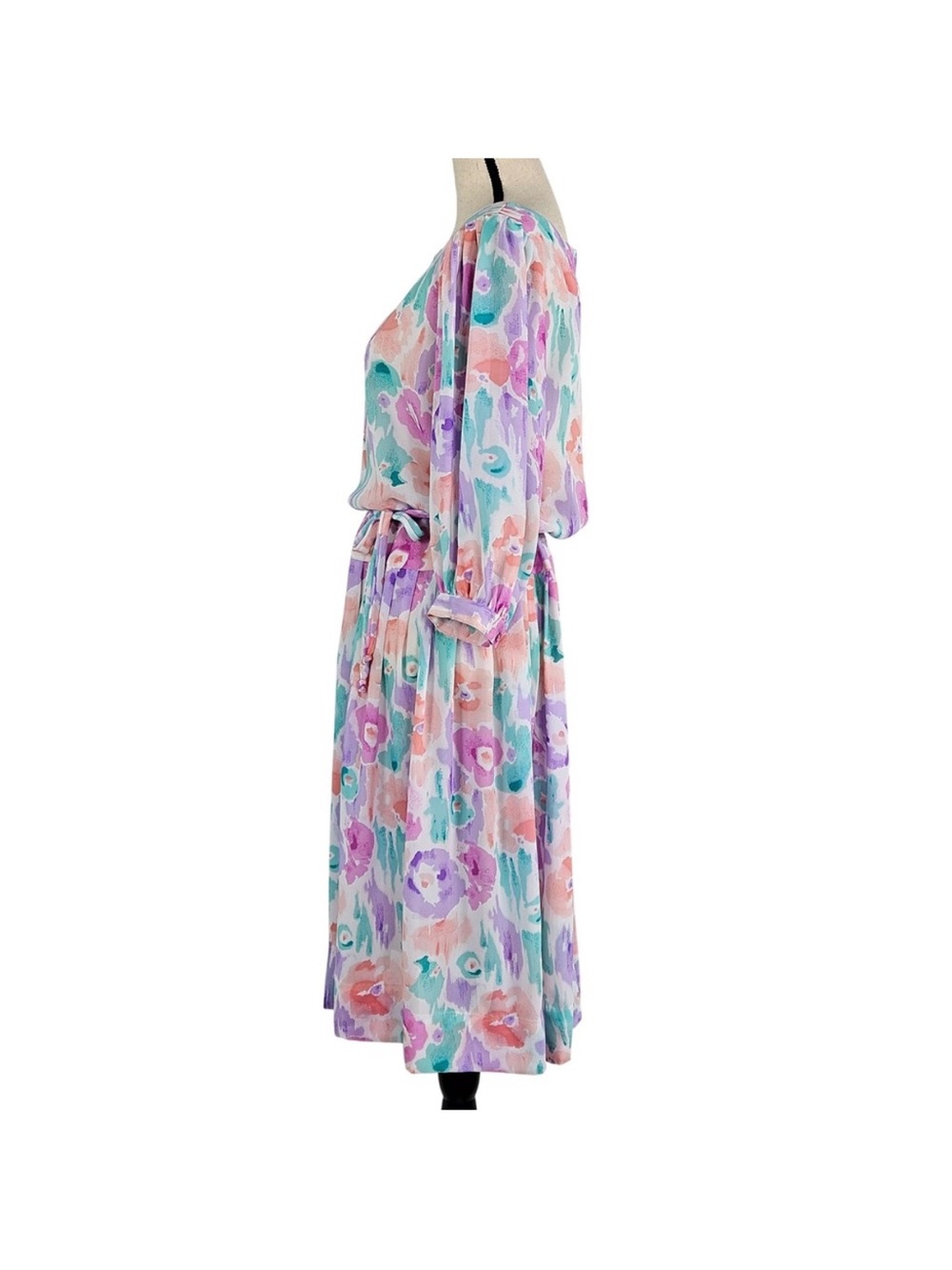 Willi of California Womens Floral Watercolor Midi Dress Belted 10 Vintage 80s - Picture 2 of 12